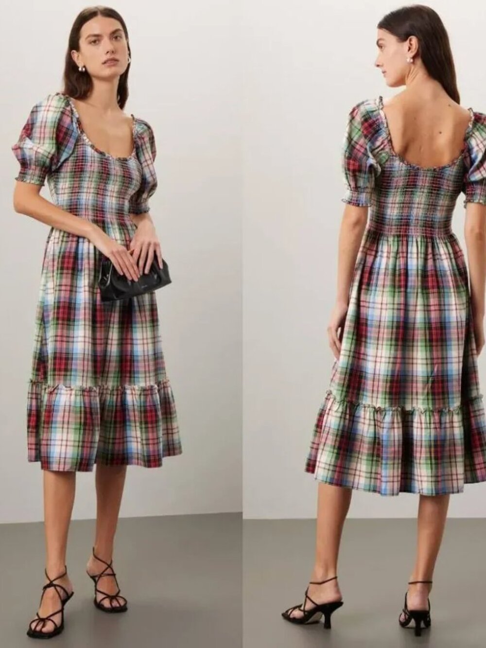 Hill House Home The Louisa Nap Dress in Ivory Red Tartan Plaid Midi Smocked top